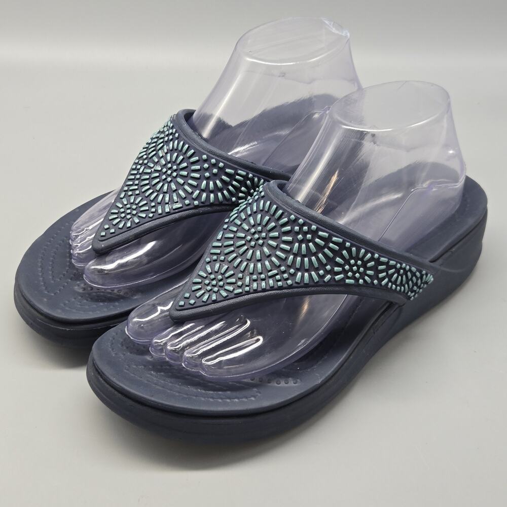 CROCS Monterey Diamante Wedge Flip Flop Sandals Women’s Size 9 Blue Casual - Picture 2 of 11